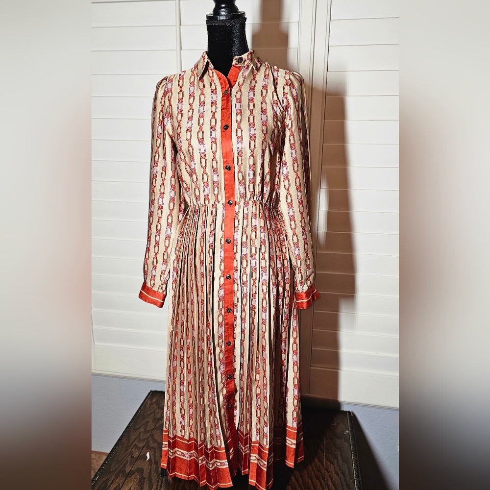 Ann Taylor Chain Print Eauestrian Print Pleated Midi Dress Womens Size 4